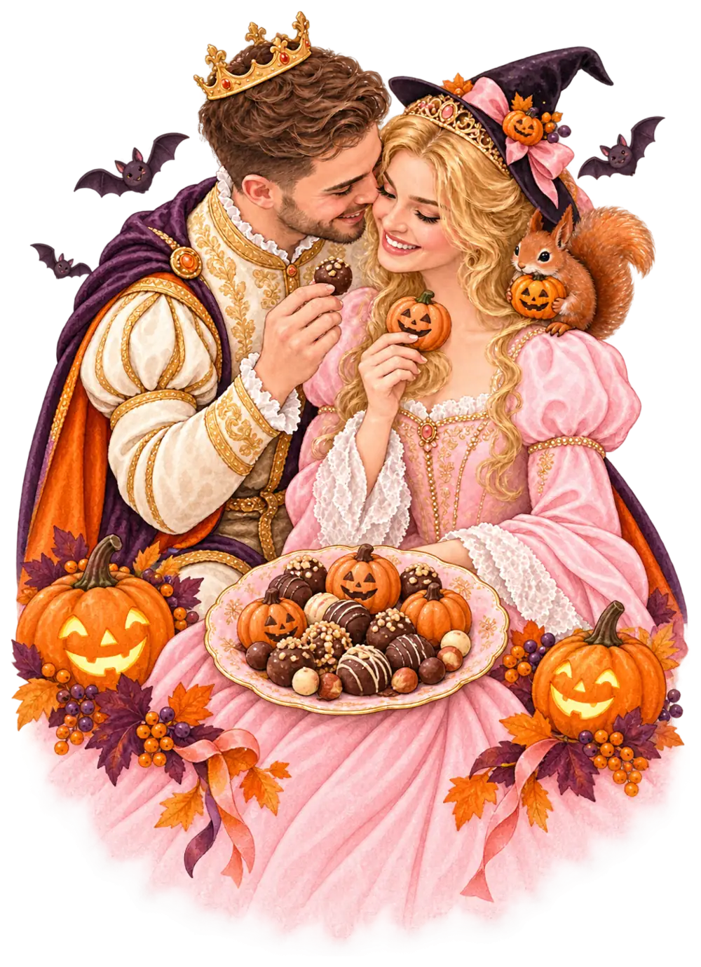 Princ a princezna v halloweenských kostýmech s dýněmi a čokoládovými dobrotami
