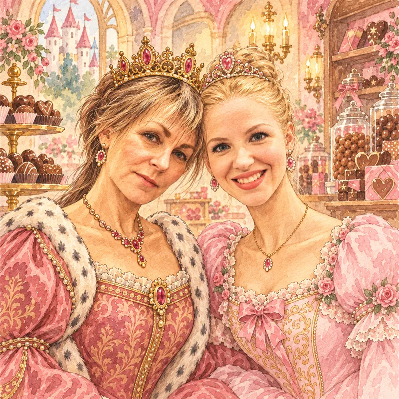 Kreslená pohádková ilustrace majitelek: Alena Rechová jako královna a Zuzana Skopalová jako princezna